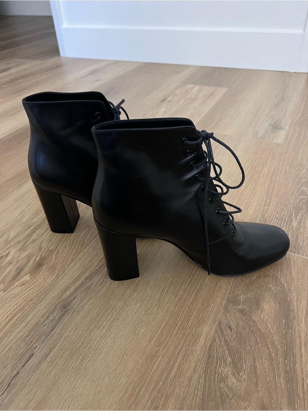 Saint Laurent Lace-Up Black Leather Ankle Boots - Women's